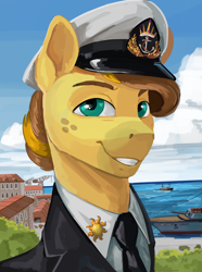 Size: 1872x2520 | Tagged: safe, artist:kelkessel, oc, oc only, oc:light shine, equestria at war mod, admiral, bust, cap, clothes, freckles, hat, military uniform, necktie, outdoors, pin, portrait, ship, solo, sun, uniform