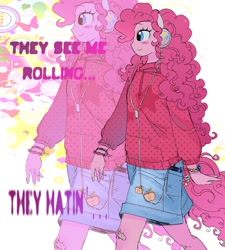 Size: 1800x2000 | Tagged: safe, artist:dulcesilly, pinkie pie, human, equestria girls, g4, abstract background, blush sticker, blushing, clothes, female, headphones, jacket, profile, shorts, solo, text, walking, zoom layer