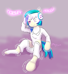 Size: 1560x1700 | Tagged: safe, artist:jack-pilcrow, dj pon-3, vinyl scratch, human, pony, unicorn, g4, headphones, horn, human to pony, music notes, sitting, solo, transformation