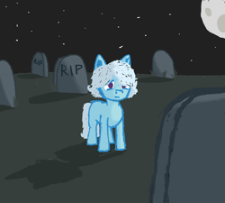 Size: 1200x1080 | Tagged: safe, artist:sacrious, oc, oc only, unnamed oc, earth pony, pony, blue coat, gravestone, moon, night, outdoors, purple eyes, solo, standing, stars, white hair