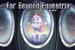 Size: 3000x2000 | Tagged: safe, artist:littletigressda, sweetie belle, pony, unicorn, g4, fanfic, fanfic art, fanfic cover, horn, sad, solo, spaceship, window