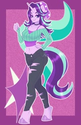 Size: 1650x2550 | Tagged: safe, artist:inkkeystudios, starlight glimmer, unicorn, anthro, unguligrade anthro, g4, beanie hat, clothes, cutie mark background, denim, female, horn, jeans, pants, passepartout, ponytober, ripped jeans, ripped pants, solo, torn clothes