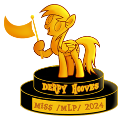 Size: 739x702 | Tagged: safe, derpy hooves, pegasus, g4, 4chan, award, chart, competition, folded wings, hoof hold, miss /mlp/, miss /mlp/ 2024, open mouth, open smile, simple background, smiling, solo, transparent background, trophy, wings