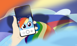 Size: 2478x1487 | Tagged: safe, artist:redpaladin, rainbow dash, human, pegasus, pony, g4, cellphone, human to pony, lying down, offscreen character, on back, phone, pov, selfie, smartphone, solo, transformation