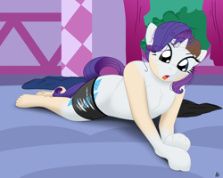 Size: 2146x1717 | Tagged: safe, artist:redpaladin, rarity, human, pony, unicorn, g4, carousel boutique, clothes, horn, human to pony, indoors, lying down, male to female, open mouth, prone, ripping clothes, rule 63, solo, transformation, transgender transformation