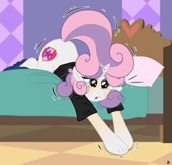 Size: 1961x1879 | Tagged: safe, artist:redpaladin, sweetie belle, human, pony, unicorn, g4, bed, horn, human to pony, indoors, lying down, prone, solo, tail, transformation