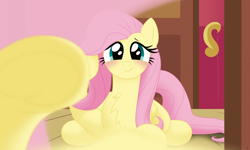 Size: 2478x1487 | Tagged: safe, artist:redpaladin, fluttershy, pegasus, pony, g4, blushing, female, human to pony, mare, mirror, post-transformation, sitting, solo, transformation