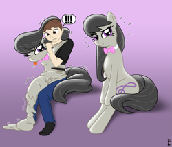 Size: 2073x1777 | Tagged: safe, artist:redpaladin, octavia melody, earth pony, human, pony, g4, bondage, emanata, encasement, exclamation point, gradient background, human to pony, living clothes, living suit, one eye closed, ponysuit, sitting, tongue out, transformation