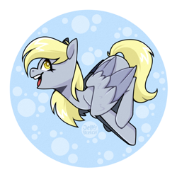 Size: 2894x2894 | Tagged: safe, artist:jellysketch, derpy hooves, pegasus, pony, g4, bubble, female, mare, open mouth, open smile, profile, side view, smiling, solo, wings