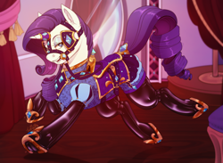 Size: 1500x1100 | Tagged: safe, artist:twoshoesmcgee, rarity, pony, unicorn, g4, bit gag, blinders, bridle, clothes, female, frog (hoof), gag, horn, horseshoes, indoors, latex, lead, pony play, rubber, saddle, shiny, solo, sparkles, tack, underhoof