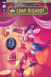 Size: 2063x3131 | Tagged: safe, artist:nicole goux, idw, official comic, izzy moonbow, pipp petals, sunny starscout, earth pony, pegasus, pony, unicorn, camp bighoof #1, g5, my little pony: camp bighoof, official, spoiler:comic, spoiler:g5, spoiler:g5comic, bed, binder, book, comic cover, cover, cover art, female, glasses, grin, headphones, high res, horn, log, looking at something, looking at you, mane stripe sunny, mare, my little pony logo, notebook, open mouth, pen, phone, smiling, tree stump, trio, trio female, unshorn fetlocks