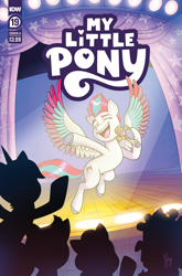 Size: 2063x3131 | Tagged: safe, artist:abby bulmer, idw, official comic, zipp storm, pegasus, pony, unicorn, g5, official, spoiler:comic, spoiler:g5comic, spoiler:g5comic19, colored hooves, comic cover, concave belly, cover, cover art, crowd, curtains, eyes closed, female, flying, happy, high res, hoof heart, hoof hold, hooves, horn, mare, microphone, my little pony logo, offscreen character, open mouth, open smile, silhouette, silver hooves, smiling, spotlight, spread wings, stage, swapped cutie marks, underhoof, unshorn fetlocks, wings