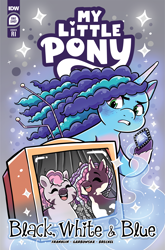 Size: 2063x3131 | Tagged: safe, artist:shauna j. grant, idw, official comic, misty brightdawn, skye, violette rainbow, pony, unicorn, zebra, g5, my little pony: black white & blue, official, braces, comic cover, cover, cover art, female, filly, foal, high res, horn, mare, my little pony logo, variant cover