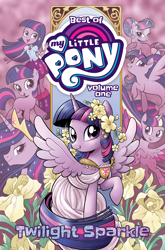 Size: 1400x2125 | Tagged: safe, artist:brenda hickey, idw, official comic, twilight sparkle, alicorn, pony, seapony (g4), unicorn, series:best of my little pony, equestria girls, g4, official, blank flank, clothes, comic cover, cover, cover art, dorsal fin, female, filly, filly twilight sparkle, fin, fin wings, fins, fish tail, flowing mane, flowing tail, foal, horn, mare, my little pony logo, older, older twilight, older twilight sparkle (alicorn), open mouth, open smile, princess twilight 2.0, raised hoof, scales, seaponified, seapony twilight, smiling, solo, species swap, spread wings, swimming, tail, toga, twilight sparkle (alicorn), unicorn twilight, wings, younger