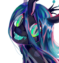 Size: 2268x2416 | Tagged: safe, artist:shiqiuzhu, queen chrysalis, changeling, changeling queen, pony, g4, bust, crown, fangs, female, jewelry, mare, regalia, simple background, smiling, solo, white background