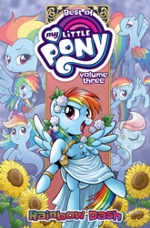 Size: 1400x2125 | Tagged: safe, artist:brenda hickey, idw, official comic, rainbow dash, crystal pony, human, pegasus, pony, seapony (g4), series:best of my little pony, equestria girls, g4, official, best pony, blank flank, clothes, comic, comic cover, cover, cover art, crystallized, dashstorm, dorsal fin, eyes closed, female, filly, filly rainbow dash, fin, fin wings, fins, fish tail, flower, flowing mane, flowing tail, foal, folded wings, high res, mare, multeity, my little pony logo, older, older rainbow dash, open mouth, open smile, rainbow dash always dresses in style, rainbow dash is best facemaker, rainbow power, rainbow power-ified, scales, seaponified, seapony rainbow dash, smiling, solo, species swap, spread wings, sunflower, swimming, tail, toga, wings, younger