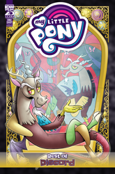 Size: 2063x3131 | Tagged: safe, artist:brenda hickey, idw, official comic, discord, draconequus, series:best of my little pony, g4, official, comic cover, cover, cover art, evil smile, high res, male, my little pony logo, smiling, solo