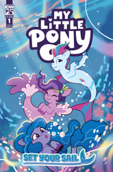 Size: 2063x3131 | Tagged: safe, artist:paulina ganucheau, idw, official comic, izzy moonbow, pipp petals, zipp storm, pegasus, seapony (g4), unicorn, g5, my little pony: set your sail, official, set your sail #1, spoiler:comic, spoiler:g5comic, bubble, comic cover, cover, cover art, crepuscular rays, cute, dorsal fin, eyes closed, female, fin, fin wings, fins, fish tail, flowing mane, flowing tail, happy, high res, horn, looking at each other, looking at someone, mare, my little pony logo, ocean, open mouth, open smile, pony history, royal sisters (g5), sea pony (g5), seaponified, seapony izzy moonbow, seapony pipp petals, seapony zipp storm, seaweed, siblings, sisters, smiling, smiling at each other, species swap, sunlight, swimming, tail, underwater, water, wings