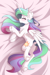 Size: 3000x4500 | Tagged: safe, artist:natanvok, princess celestia, alicorn, pony, g4, blushing, body pillow, body pillow design, butt, chest fluff, cute, cutelestia, dock, ear fluff, eyes closed, featureless crotch, female, hoof fluff, horn, indoors, leg fluff, lying down, mare, missing accessory, on side, plot, smiling, solo, tail, underhoof, unshorn fetlocks, wings