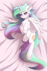 Size: 3000x4500 | Tagged: safe, artist:natanvok, princess celestia, alicorn, pony, g4, belly, belly fluff, blushing, body pillow, body pillow design, chest fluff, cute, cutelestia, ear fluff, female, hoof fluff, horn, indoors, leg fluff, long mane, long tail, looking at you, lying down, mare, on back, smiling, smiling at you, solo, spread wings, tail, unshorn fetlocks, wings