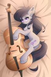 Size: 3000x4500 | Tagged: safe, artist:natanvok, octavia melody, earth pony, pony, g4, body pillow, body pillow design, butt, cello, chest fluff, dock, ear fluff, female, hoof fluff, indoors, leg fluff, looking at you, lying down, mare, musical instrument, on side, plot, solo, tail