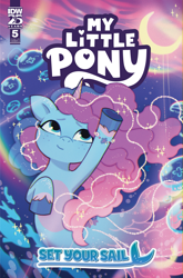 Size: 2063x3131 | Tagged: safe, artist:paulina ganucheau, idw, misty brightdawn, fish, merpony, pony, seapony (g4), unicorn, g5, my little pony: set your sail, my little pony: tell your tale, official, set your sail #5, spoiler:comic, spoiler:g5, spoiler:g5comic, bubble, comic cover, cover, cover art, crepuscular rays, crescent moon, cute, ethereal mane, ethereal tail, female, fish tail, flowing mane, flowing tail, high res, horn, jewelry, looking up, mare, moon, necklace, ocean, pearl necklace, pink tail, rainbow, rebirth misty, scales, sea pony (g5), seaponified, seapony misty brightdawn, smiling, solo, sparkles, species swap, sunlight, swimming, tail, underwater, unshorn fetlocks, water