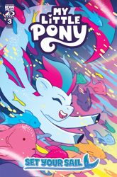 Size: 2063x3131 | Tagged: safe, artist:paulina ganucheau, idw, official comic, zipp storm, fish, merpony, pegasus, seapony (g4), g5, my little pony: set your sail, official, set your sail #3, spoiler:comic, spoiler:g5, spoiler:g5comic, bubble, cloven hooves, comic, comic cover, coral, cover, cover art, crepuscular rays, cute, dorsal fin, eyes closed, female, fin, fin wings, fins, fish tail, flowing mane, flowing tail, glowing, happy, high res, mare, ocean, open mouth, open smile, rainbow, scales, sea pony (g5), seaponified, seapony zipp storm, seaweed, smiling, solo, species swap, swimming, tail, teeth, underwater, water, wings