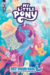 Size: 2063x3131 | Tagged: safe, artist:justasuta, idw, official comic, misty brightdawn, fish, jellyfish, merpony, sea pony, seapony (g4), unicorn, g5, my little pony: set your sail, official, set your sail #3, spoiler:comic, spoiler:g5comic, beautiful, bubble, cloven hooves, comic, comic cover, coral, cover, cover art, crepuscular rays, curly mane, curly tail, cute, female, fish tail, flowing mane, flowing tail, freckles, happy, horn, jewelry, logo, mare, necklace, ocean, open mouth, open smile, rebirth misty, scales, sea pony (g5), seaponified, seapony misty brightdawn, seaweed, smiling, species swap, sunlight, swimming, tail, underwater, unshorn fetlocks, water