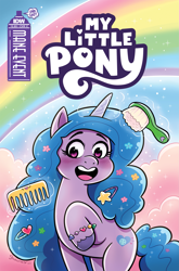 Size: 2063x3131 | Tagged: safe, artist:robin easter, idw, official comic, izzy moonbow, pony, unicorn, g5, my little pony: mane event, official, brush, cloud, comb, comic, comic cover, cover, cover art, female, hairbrush, heart, high res, horn, mare, my little pony logo, rainbow, sky, solo, stars, text