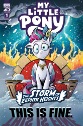 Size: 2063x3131 | Tagged: safe, artist:andy price, idw, official comic, zipp storm, pegasus, pony, g5, my little pony: the storm of zephyr heights, official, the storm of zephyr heights #1, spoiler:comic, spoiler:g5, spoiler:g5comic, andy you magnificent bastard, cloud, cloudy, comic cover, cover, cover art, crown, female, fire, jewelry, lightning, mare, meme, my little pony logo, regalia, solo, storm, this is fine, throne, variant cover