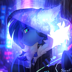 Size: 2500x2500 | Tagged: safe, artist:sinrinf, oc, oc only, oc:guard cobalt flash, bat pony, pegasus, city, clothes, commission, cyberpunk, hologram, looking at you, rain, solo, ych result