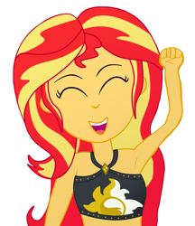 Size: 2283x2648 | Tagged: safe, anonymous artist, anonymous editor, sunset shimmer, equestria girls, g4, 2023, armpits, arms in the air, bikini, cheering, clothes, eyes closed, female, fist, fist pump, hands in the air, open mouth, simple background, solo, swimsuit, white background