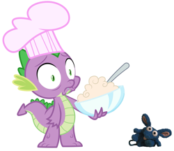 Size: 1403x1210 | Tagged: safe, anonymous artist, anonymous editor, artist:thorinair, edit, spike, dragon, g4, just for sidekicks, my little pony: friendship is magic, season 3, 2023, chef's hat, crisp rat, hat, male, shocked, shocked expression, simple background, surprised, white background, wide eyes, wingless spike