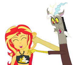 Size: 1202x1035 | Tagged: safe, anonymous artist, anonymous editor, discord, sunset shimmer, draconequus, human, equestria girls, g4, 2023, armpit tickling, armpits, arms in the air, bikini, clothes, duo, duo male and female, eyes closed, female, fist, hands in the air, human female, laughing, male, open mouth, simple background, swimsuit, tickle torture, tickling, white background