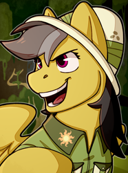 Size: 1040x1400 | Tagged: safe, artist:bunnyshrubby, daring do, pegasus, pony, equestria at war mod, g4, bust, clothes, female, hat, mare, open mouth, portrait, princess celestia's cutie mark, smiling, smirk, solo, wings