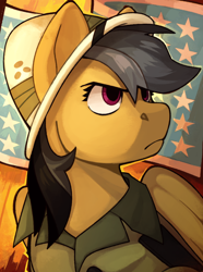 Size: 1040x1400 | Tagged: safe, artist:bunnyshrubby, daring do, pegasus, equestria at war mod, g4, bust, clothes, female, flag of equestria, hat, mare, portrait, solo, wings