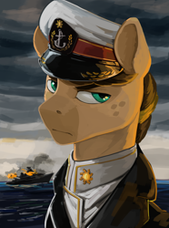 Size: 1872x2520 | Tagged: safe, artist:kelkessel, oc, oc only, oc:light shine, pony, equestria at war mod, admiral, bust, cap, clothes, freckles, hat, military uniform, outdoors, pin, pony oc, portrait, ship, solo, sun, uniform