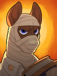 Size: 1040x1400 | Tagged: safe, artist:anastafury, artist:bunnyshrubby, oc, oc only, oc:good word, equestria at war mod, backlighting, bandage, book, bust, clothes, fallout, fallout: new vegas, joshua graham, pin, portrait, shirt, solo, sun