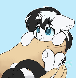 Size: 2164x2216 | Tagged: safe, artist:rokosmith26, oc, oc:shouka, orca, orca pony, original species, pony, cheek fluff, commission, cute, female, floppy ears, high res, holding, holding a pony, horn, in goliath's palm, looking up, mare, pouting, simple background, size difference, solo, two toned mane, underhoof, ych result