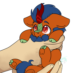 Size: 2168x2215 | Tagged: safe, artist:rokosmith26, oc, oc:jack masters, kirin, pony, cheek fluff, commission, cute, floppy ears, high res, holding, holding a pony, horn, in goliath's palm, kirin oc, looking up, male, pouting, signature, simple background, size difference, solo, stallion, transparent background, underhoof, ych result