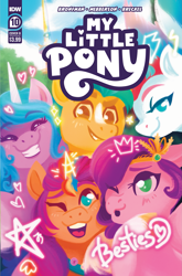 Size: 2063x3131 | Tagged: safe, artist:justasuta, idw, official comic, hitch trailblazer, izzy moonbow, pipp petals, sunny starscout, zipp storm, earth pony, pegasus, pony, unicorn, g5, my little pony: make your mark, official, spoiler:g5comic10, comic cover, cover, cover art, crown, crystal brighthouse, female, heart, high res, horn, jewelry, male, mane five, mane stripe sunny, mare, my little pony logo, regalia, selfie, stallion, stars, thunderbolt, tiara