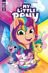 Size: 2063x3131 | Tagged: safe, artist:trish forstner, idw, official comic, hitch trailblazer, izzy moonbow, pipp petals, sunny starscout, zipp storm, earth pony, pegasus, pony, unicorn, g5, my little pony: make your mark, official, spoiler:g5comic10, abstract background, applejack's cutie mark, comic cover, cover, cover art, cutie mark, cutie mark background, female, fluttershy's cutie mark, group, high res, horn, hug, male, mane five, mane six cutie marks, mane stripe sunny, mare, my little pony logo, open mouth, open smile, pinkie pie's cutie mark, quintet, rainbow dash's cutie mark, rarity's cutie mark, royal sisters (g5), siblings, sisters, smiling, stallion, twilight sparkle's cutie mark