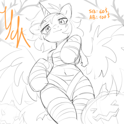 Size: 5000x5000 | Tagged: safe, artist:ls_skylight, pony, belly, belly button, blushing, commission, halloween, holiday, mummy costume, sketch, solo, ych sketch, your character here