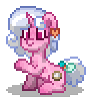 Size: 184x204 | Tagged: safe, oc, oc only, oc:white sugar, pony, unicorn, pony town, g4, bow, digital art, ear piercing, female, horn, magical lesbian spawn, mare, offspring, parent:night glider, parent:sugar belle, parents:sugarglider, piercing, pink coat, pink eyes, pixel art, raised hoof, simple background, sitting, solo, tail, tail bow, transparent background, white hair, white mane, white tail