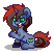 Size: 208x208 | Tagged: safe, oc, oc only, oc:dark shield, hybrid, pony, umbrum, unicorn, pony town, g4, blue eyes, blue mane, bracelet, colored horn, digital art, horn, hybrid oc, interspecies offspring, jewelry, magical gay spawn, male, multicolored hair, multicolored horn, multicolored mane, multicolored tail, offspring, parent:king sombra, parent:shining armor, parents:shiningsombra, pixel art, raised hoof, simple background, sitting, solo, stallion, tail, transparent background, unicorn oc