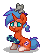 Size: 184x236 | Tagged: safe, oc, oc only, oc:milky way (trixburst), elephant, pony, unicorn, pony town, g4, blaze (coat marking), blue hair, blue mane, blue tail, clothes, coat markings, cyan eyes, digital art, facial markings, horn, male, offspring, orange coat, parent:sunburst, parent:trixie, parents:trixburst, pixel art, ponytail, raised hoof, simple background, sitting, socks, socks (coat markings), solo, stallion, tail, transparent background, unicorn oc