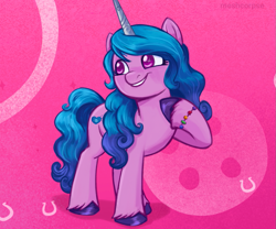 Size: 1079x897 | Tagged: safe, artist:meshcorpse, izzy moonbow, pony, unicorn, g5, bracelet, female, horn, jewelry, mare, raised hoof, smiling, solo, unshorn fetlocks