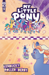 Size: 2063x3131 | Tagged: safe, artist:nell valle, idw, official comic, berries (g5), dahlia, flare (g5), hitch trailblazer, izzy moonbow, jazz hooves, misty brightdawn, pipp petals, posey bloom, sunny starscout, tracy tailspin, zipp storm, earth pony, pegasnail, pegasus, pony, snail, unicorn, g5, kenbucky roller derby #5, my little pony: kenbucky roller derby, my little pony: tell your tale, official, spoiler:comic, spoiler:g5, spoiler:g5comic, coach pipp petals, comic, comic cover, cover, cover art, female, finish line, group, high res, horn, male, mane five, mane six (g5), mane stripe sunny, mare, pipp's whistle, rebirth misty, roller derby, roller skates, skates, stallion, whistle, whistle necklace