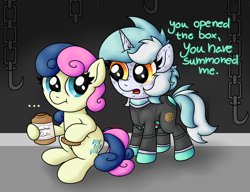 Size: 3921x3004 | Tagged: safe, artist:background basset, bon bon, lyra heartstrings, sweetie drops, earth pony, pony, unicorn, g4, chains, clothes, costume, crossover, dialogue, duo, food, hellraiser, horn, jar, movie reference, oats, open mouth, pinhead, text, that pony sure does love oats