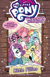 Size: 1400x2162 | Tagged: safe, artist:rose bousamra, idw, official comic, fluttershy, pinkie pie, rainbow dash, rarity, twilight sparkle, earth pony, pegasus, pony, unicorn, g4, my little pony classics reimagined: little fillies, official, spoiler:comic, comic cover, cover, cover art, female, horn, mare, my little pony logo